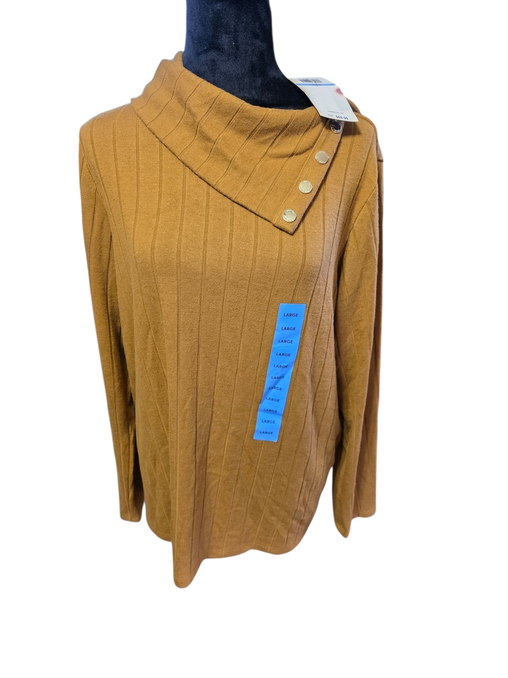Rafaella Ribbed Asymmetrical Button Turtleneck - Camel